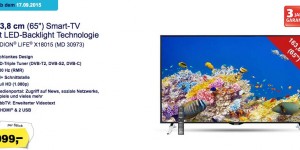 Beitragsbild des Blogbeitrags [Hofer] Medion Smart TV (65″ FullHD, Triple Tuner, WLAN, BT, 600Hz) um 999 € inkl Versand – bis zu 41% sparen 