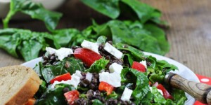 Beitragsbild des Blogbeitrags spinatsalat mit belugalinsen und ziegenschnittkäse 