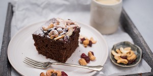 Beitragsbild des Blogbeitrags Schoko-Kastenkuchen mit Cranberry & Cashew Topping