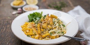 Beitragsbild des Blogbeitrags Spaghetti mit Creme Fraiche & zweierlei Mais 
