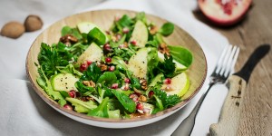 Beitragsbild des Blogbeitrags Granatapfel Salat mit Walnüssen & Honig-Senf-Dressing 