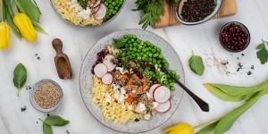Beitragsbild des Blogbeitrags Frühlingskräuter Nudelbowl *glutenfrei