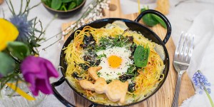 Beitragsbild des Blogbeitrags Nudelnester mit Spinat und Ei 