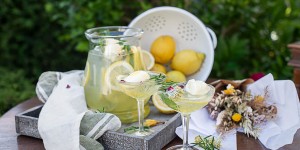 Beitragsbild des Blogbeitrags Zitronen Rosmarin Bowle mit Zitronen-Sorbet