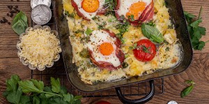 Beitragsbild des Blogbeitrags Frühstückpfanne mit Kartoffeln, Eiern & Speck