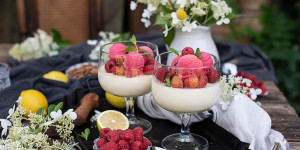 Beitragsbild des Blogbeitrags Klassische Panna Cotta mit Himbeersorbet 