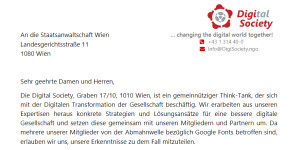 Beitragsbild des Blogbeitrags Digital Society bringt Sachverhaltsdarstellung bei der Staatanwaltschaft Wien wegen der Causa Google Fonts ein 
