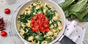 Beitragsbild des Blogbeitrags ORECCHIETTE MIT MANGOLD UND TOMATENSAUCE
