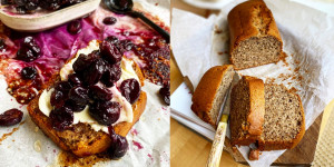 Beitragsbild des Blogbeitrags Bananenbrot mit karamelisierten Weintrauben 