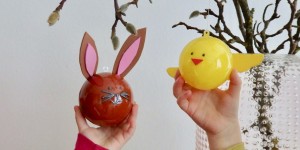 Beitragsbild des Blogbeitrags DIY für Ostern: Wir basteln Hasen und Küken aus Plasikkugeln