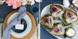 Beitragsbild des Blogbeitrags Elegantes Dinner am Sommerabend mit ausgewählten Speisen, stilvoller Deko und DIY-Blüten-Weinkühler