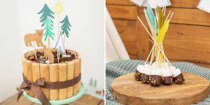 Beitragsbild des Blogbeitrags Super easy Geburtstagstorte mit Baumrindenoptik und Marshmallow-Tipis