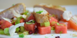 Beitragsbild des Blogbeitrags Schweinskarree mit Wassermelone