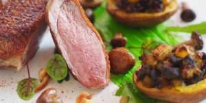 Beitragsbild des Blogbeitrags Pilzschaumsuppe / Ente mit Pilzen, gefüllten Kartoffeln und Sauerampfergewürz / Apfelstreuselkuchen im Glas