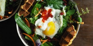 Beitragsbild des Blogbeitrags Harissa-Waffeln mit Kräutersalat