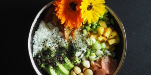 Beitragsbild des Blogbeitrags Mango-Gelbrüben-Poke mit Yuzuperlen 