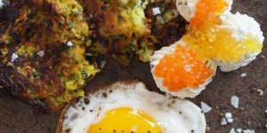 Beitragsbild des Blogbeitrags Gemüsepuffer mit Oberskrencreme und Kaviar 