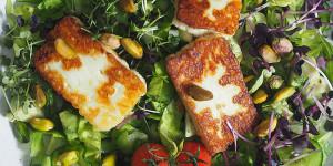 Beitragsbild des Blogbeitrags Salat mit Gurke, Halloumi, Avocado 