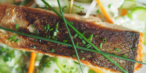 Beitragsbild des Blogbeitrags Knuspriger Lachs mit rohen Gemüsestreifen