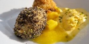 Beitragsbild des Blogbeitrags Topfenknödel mit Nougatkern auf Mangopüree mit Mango-Kokoseis