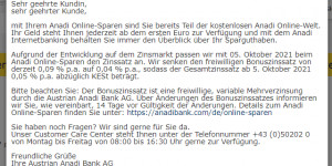Beitragsbild des Blogbeitrags Anadi Bank senkt Sparzinsen Anfang Oktober 