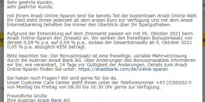 Beitragsbild des Blogbeitrags Anadi Bank senkt Sparzinsen Anfang Oktober