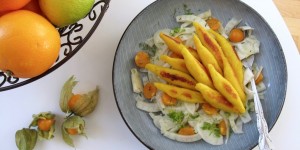 Beitragsbild des Blogbeitrags Orangen-Schupfnudeln auf Fenchel-Physalis-Salat 