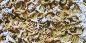 Beitragsbild des Blogbeitrags Veganer Bananen Rhabarber Kuchen ohne weißen Zucker, laktosefrei, glutenfrei 
