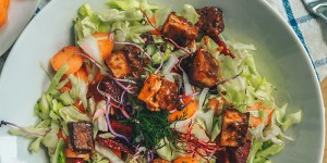 Beitragsbild des Blogbeitrags BBQ Tofu in würzigem, bunten Krautsalat 