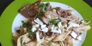 Beitragsbild des Blogbeitrags schweinslungenbraten auf pasta mit feigen 