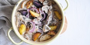Beitragsbild des Blogbeitrags cremige Pilzpfanne mit lila Kartoffeln | Erdäpfel Raritäten von JA! Natürlich 