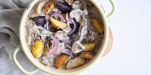Beitragsbild des Blogbeitrags cremige Pilzpfanne mit lila Kartoffeln | Erdäpfel Raritäten von JA! Natürlich