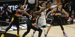 Beitragsbild des Blogbeitrags NBA: Trotz Finals-Rekord von Giannis! Suns schnappen sich auch Spiel 2 – Booker überragt