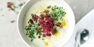 Beitragsbild des Blogbeitrags Cremige Graukäsesuppe mit Walnuss-Croutons 