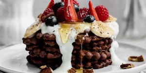 Beitragsbild des Blogbeitrags Schokowaffeln mit Joghurt und frischen Beeren 