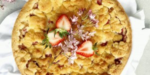 Beitragsbild des Blogbeitrags Erdbeer Rhabarbar Streuselkuchen