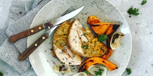 Beitragsbild des Blogbeitrags Gefülltes Huhn mit Kürbisspalten