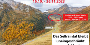Beitragsbild des Blogbeitrags Totalsperre Straße Zirmbachalm – Kühtai, 16.10. – 26.11.2023