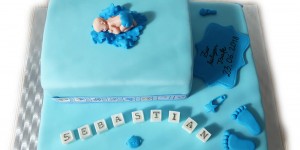 Beitragsbild des Blogbeitrags Sachertorte und Topfen-Pfirsich Torte getarnt unter Baby blauem Fondant