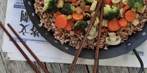 Beitragsbild des Blogbeitrags asiatischer Dinkelreis mit Gemüse und Tofu 