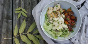 Beitragsbild des Blogbeitrags Kürbis-Bowl mit Huhn & Burrata