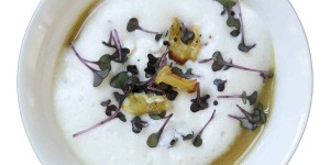 Beitragsbild des Blogbeitrags Pastinakencremesuppe, Pastinakenchips und Petersilienöl