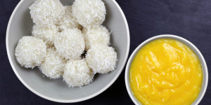 Beitragsbild des Blogbeitrags Sticky Reisbällchen mit Mango Dip (vegan)