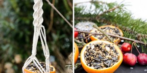 Beitragsbild des Blogbeitrags DIY Vogelfutter aus Orangenschalen mit Makramee-Aufhänger 
