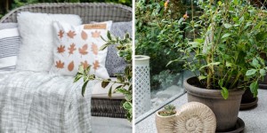 Beitragsbild des Blogbeitrags Cosy Herbst auf der Terrasse mit DIY Pflanzenstecker in Blattform 