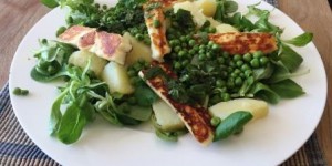 Beitragsbild des Blogbeitrags Vogerlsalat mit gebratenem Haloumi, Erdäpfeln und Erbsen (4 P.) 