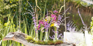Beitragsbild des Blogbeitrags Dekoidee mit Baumwurzel und Sommerblumen
