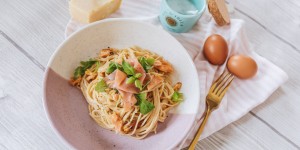 Beitragsbild des Blogbeitrags Pasta Carbonara Salmone 