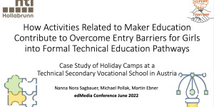 Beitragsbild des Blogbeitrags [presentation] How Activities Related to Maker Education Contribute to Overcome Entry Barriers for Girls into Formal Technical Education Pathways – Case Study of Holiday Camps at a Technical Secondary Vocational School in Austria #edil22 #research #makereducation #tugraz 
