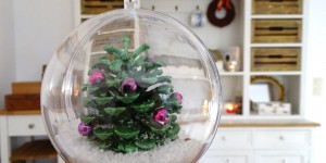 Beitragsbild des Blogbeitrags Schneekugeln mit Tannenbäumen aus Kiefernzapfen